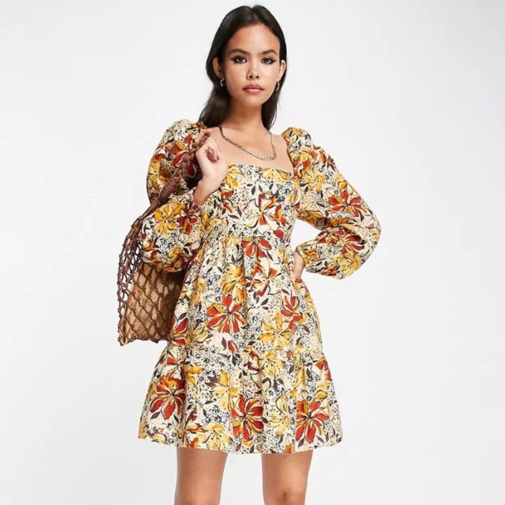 & Other Stories mini smock dress volume sleeves in autumnal floral (Size 6)